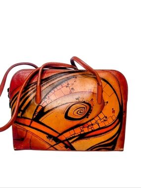 Bambas Cognac Leather Satchel Bag with Abstract Design